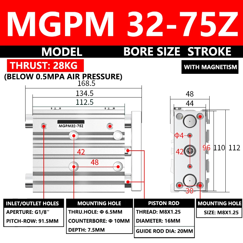 

ABILKEEN MGPM Series Pneumatic Compact Guide Cylinder MGPM32-75Z 32MM Bore X 75MM Stroke Thin Three Axis Three Rod Air Cylinder