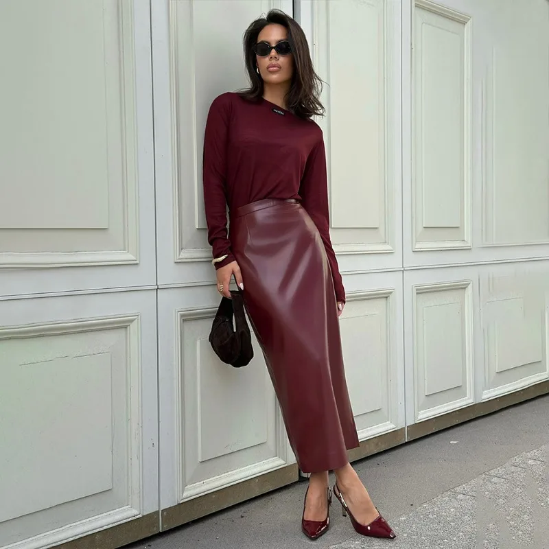 

Женская одежда, облегающее облегающее платье с разрезом винно-красного цвета, осень 2023, новое модное кожаное платье, высококачественная утягивающая юбка из искусственной кожи