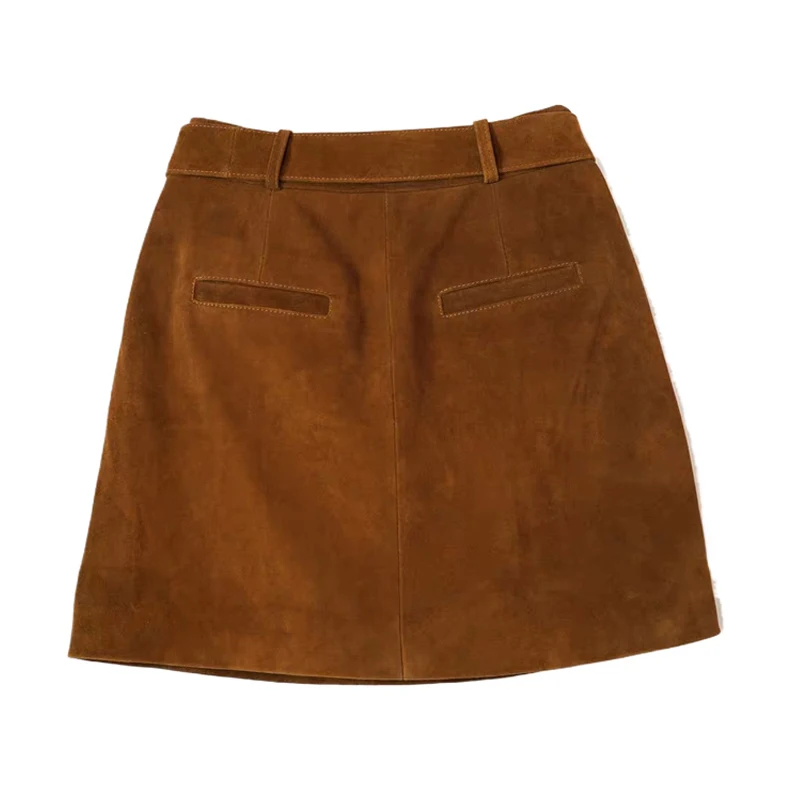 Vintage Micro Skirt Suede Real Leather Mini Skirt Sashes for Women Autumn Korean New Simple High Wide Waist Sheepskin