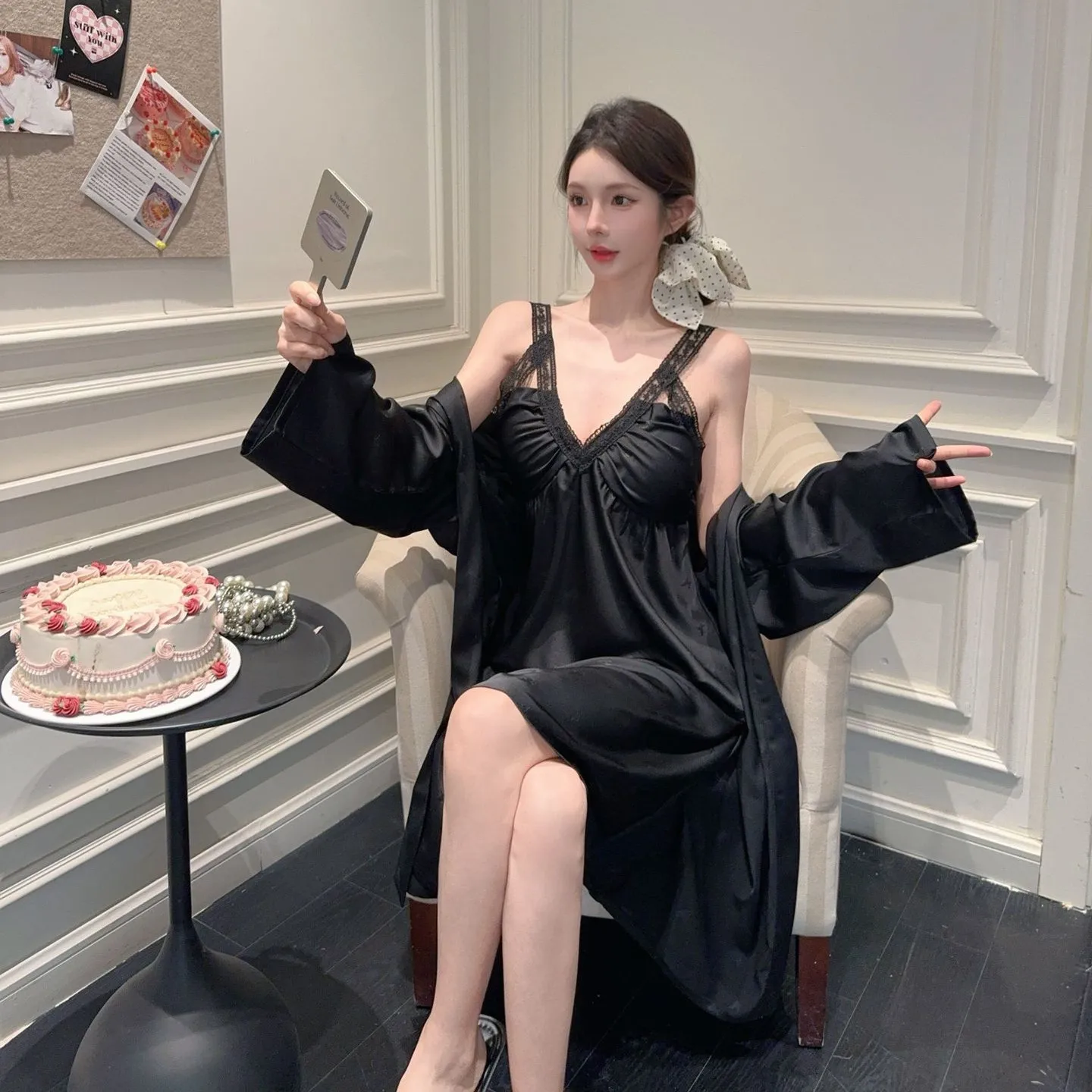 หญิงเสื้อคลุมอาบน้ํา Nightdress ชุดซาตินบ้าน Jacquard ซาติน Robe ชุดนอน V คอชุดนอนสวมใส่