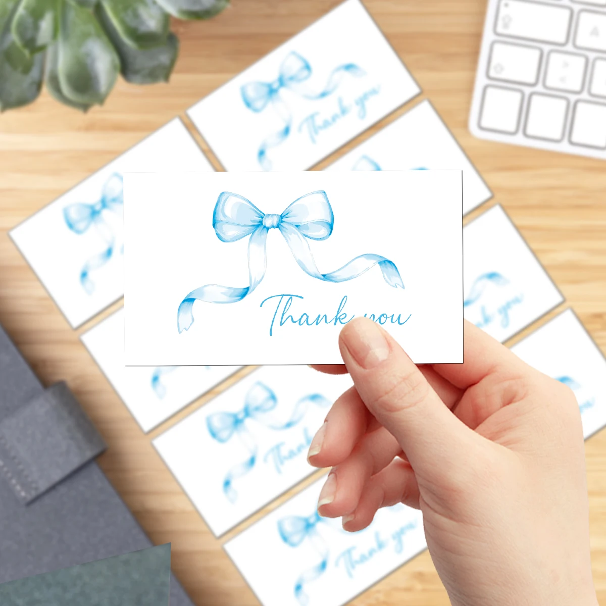 50 Stück Aquarell-Dankeskarten mit rosa-blauer Schleife, Geschenkverpackungskarten für Geschäfts- und Einzelhandelskunden, kleine Karte für leere Notizen auf der Rückseite – Detail 2