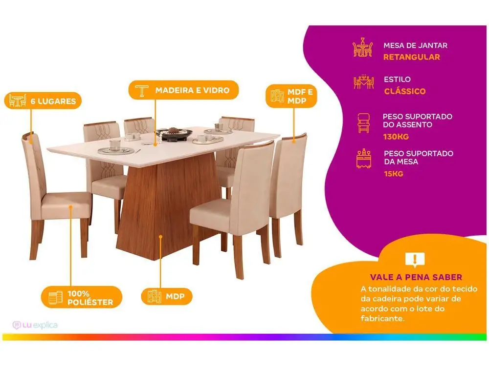 Mesa de Jantar 6 Cadeiras Retangular Freijo e Off DJ Móveis Copenhague