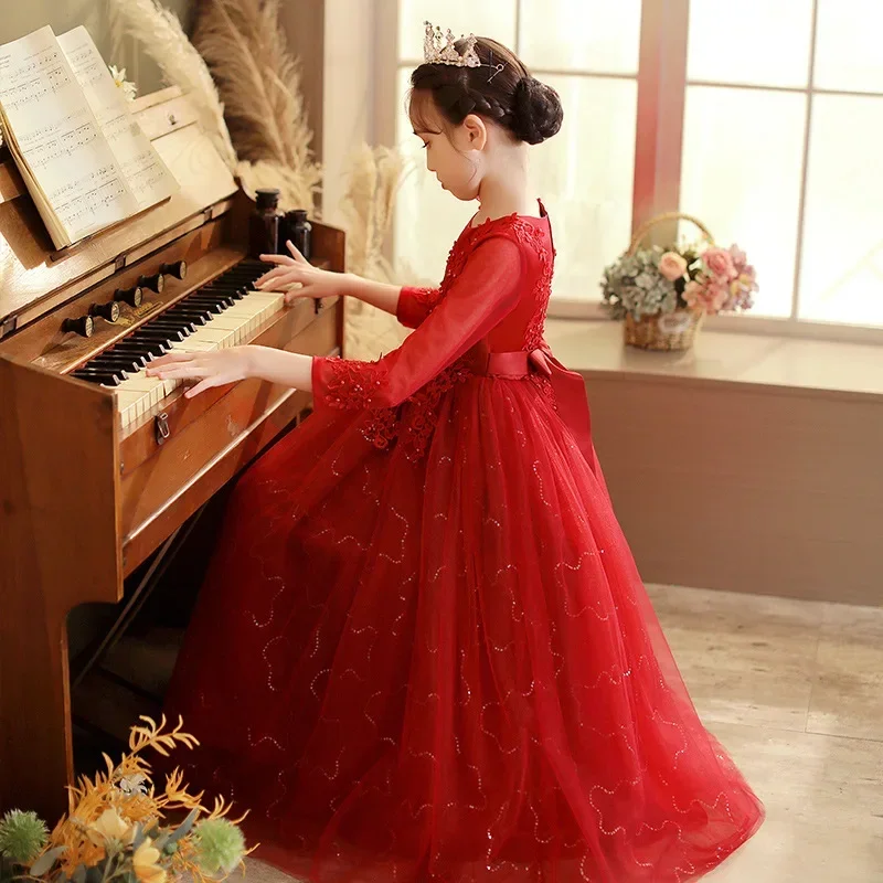 Youth Girl's Teenagers Elegant Concert Performance Dress Women Ceremonial Long White Autumn Children 10 To 12 Years Old Clothes