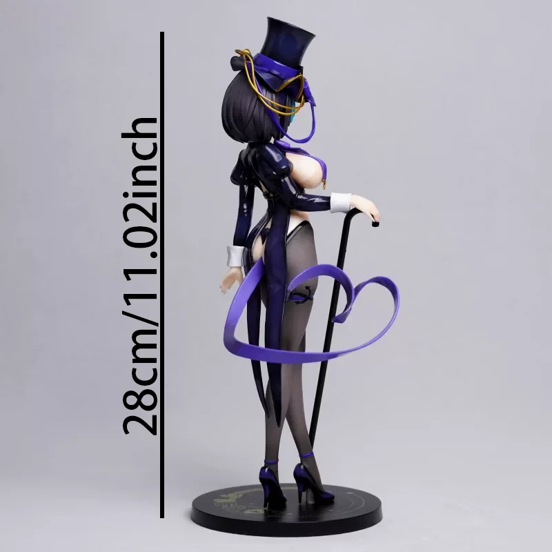 28CM Anime Style Black Hair Cat Ear Girl Figure PVC Purple Outfit Beauty Statue with Cane