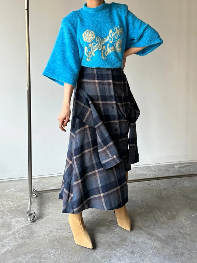 

East Gate Design Elastic Waist Fake Two-Piece Vintage Plaid Asymmetrical Woolen Skirt for Women Winter Casual High Waist