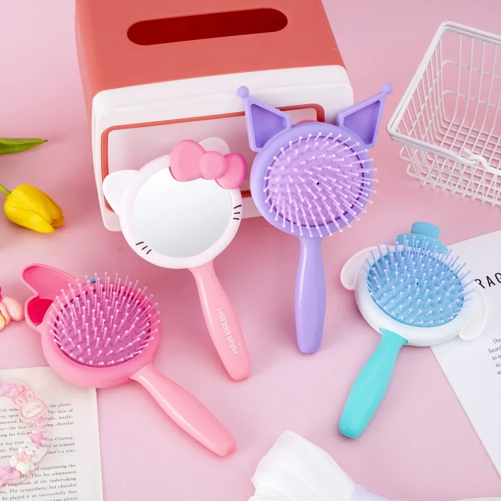 Kawaii Hello Kitty Mini Air Cushion Massage Comb Anime Sanrios Gitls Kuromi My Melody Cinnamoroll Portable Hand Makeup Mirror