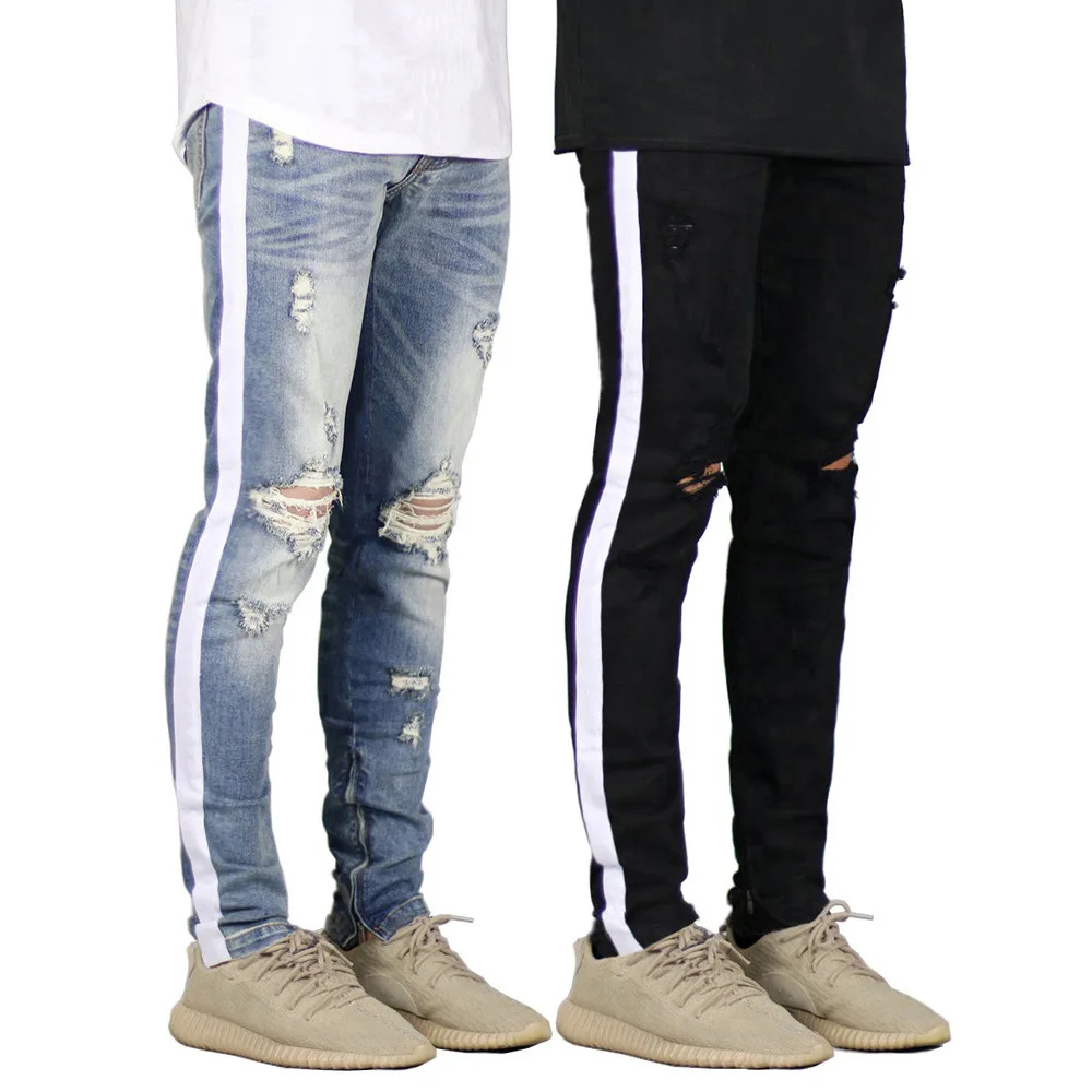 

Fashion Street Style Ripped Skinny Jeans Men Vintage wash Solid Denim Trouser Mens Casual Slim fit pencil denim Pants hot sale