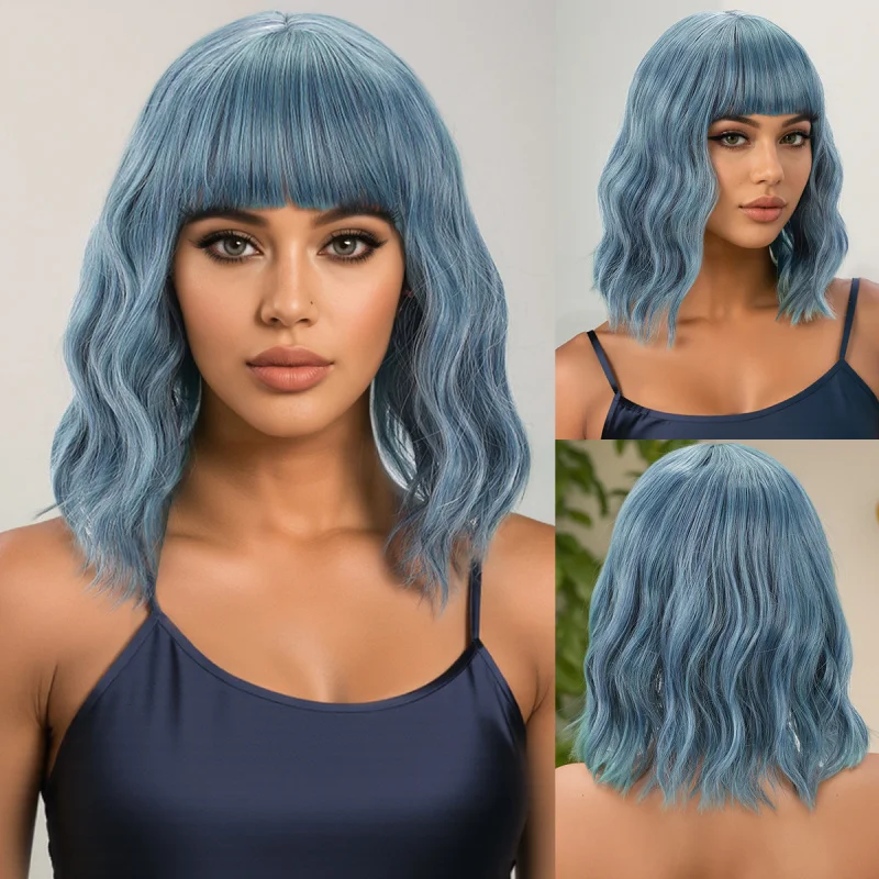 Women's Fashionable Long Wavy Wig in Smoky and Gray-Blue with Straight Bangs
