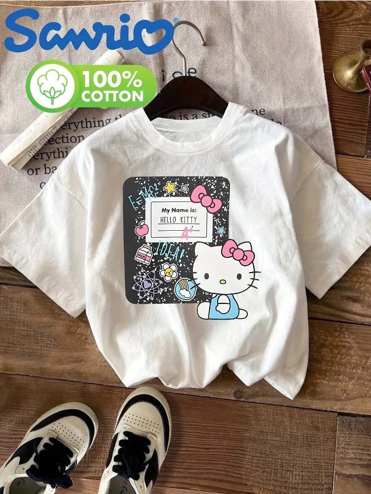 Hello Kitty Sanrio bedrukt dames T-shirt modieus ronde hals korte mouw casual top plus size katoenen shirt romantisch T-shirt