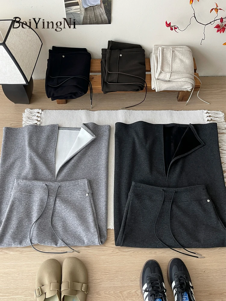 Beiyingni 2025 Korean Straight Midi Skirt Women Cashmere Drawstring Split Pack Hip A-line Long Skirts Ladies Solid Color Faldas