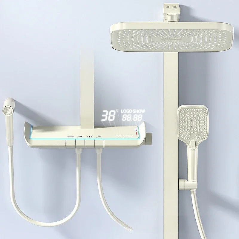 #White Shower Set, Full Copper, Hot and Cold, Home Use, Top Spray, Creamy Style, Multi-Function, Rabbit Design, Bathroom Fixture
