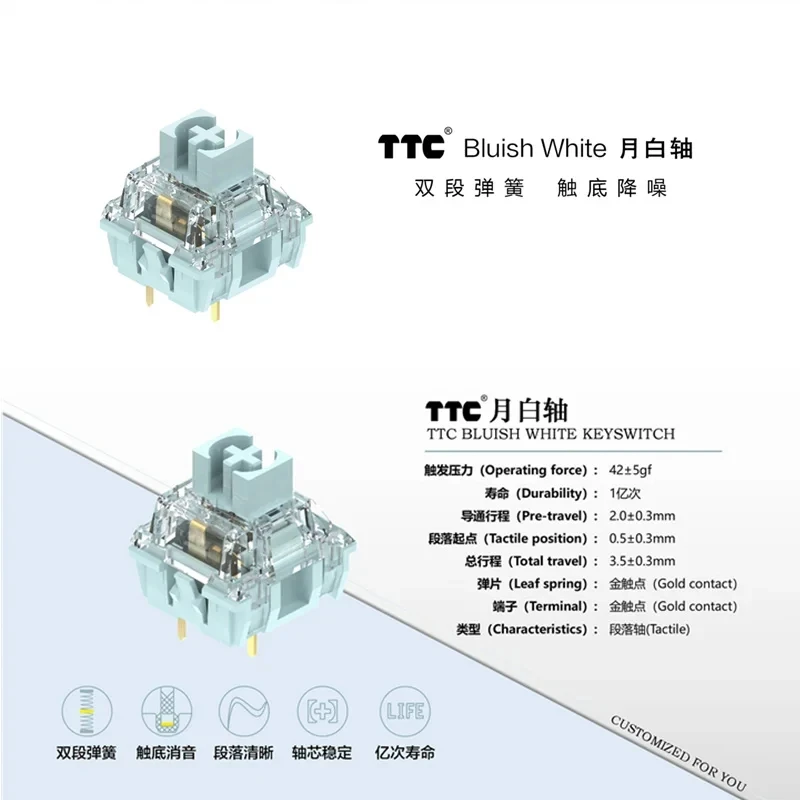 TTC Silent Bluish White Switch Mechanical Keyboard Mute Tactile 3 Pin 42 gf Dual Gold Plated Spring SMD RGB Double Mute Switches