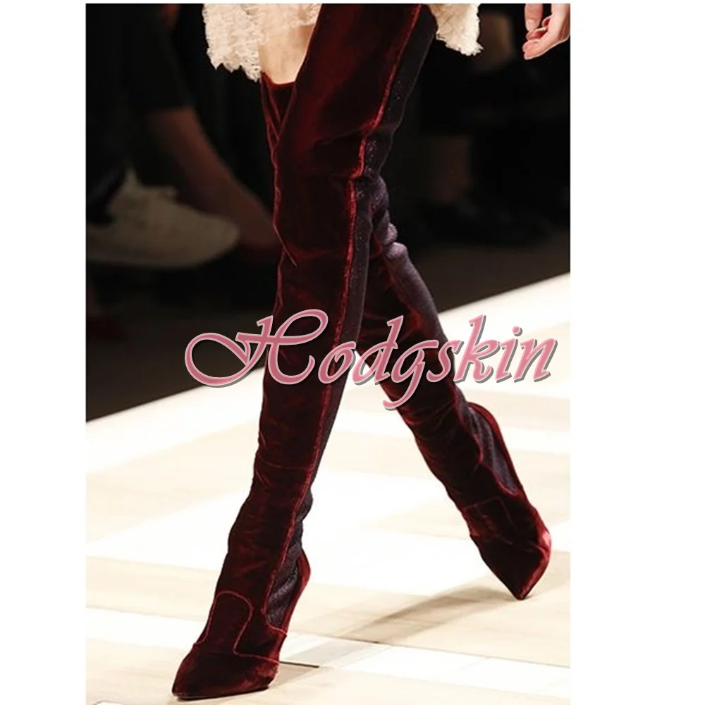 

Corduroy Elastic Patchwork Boots Pointy Toe Stiletto Heels Slip On Women Shoes Over The Knee Winter Party Runway Fitted Boots