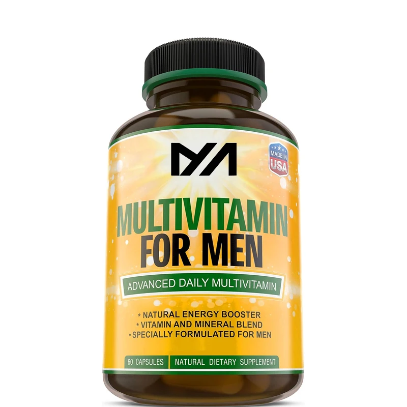 Men's multivitamin supplements, including vitamins A, C, D, E, and B12, zinc, calcium, magnesium, etc