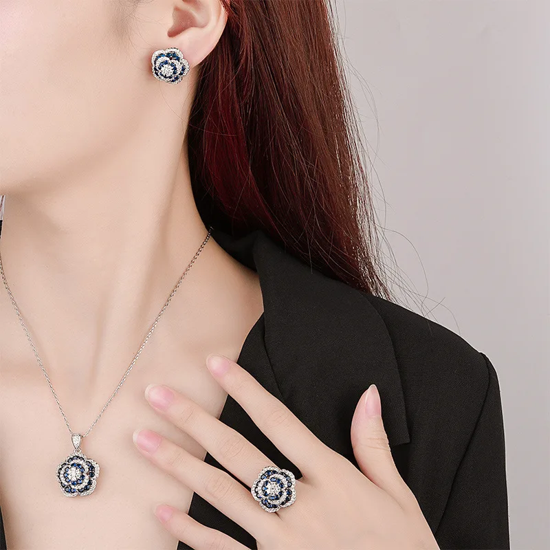 Blue Created Sapphire Jewelry Set Fine Vintage Jewelry Elegant Flower Personalized Necklace Earring Ring Party Accessories