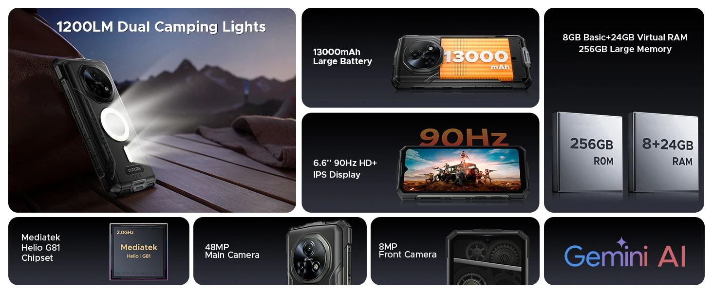 DOOGEE Fire 5 Ultra Rugged Phone 32GB 256GB 13000mAh Battery Helio G81 6.6'' 48MP Camera Camping Light NFC Android 15 Smartphone