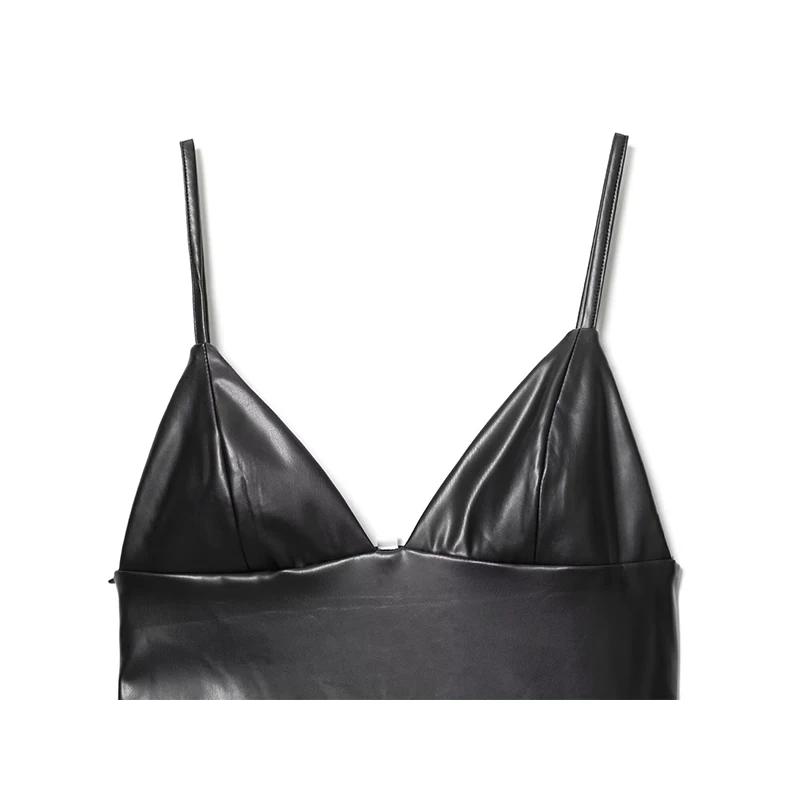 Vestido midi de empalme de cuero de encaje para mujer, vestidos de tirantes sin mangas con cuello en V a la moda, vestido de fiesta sexy para mujer
