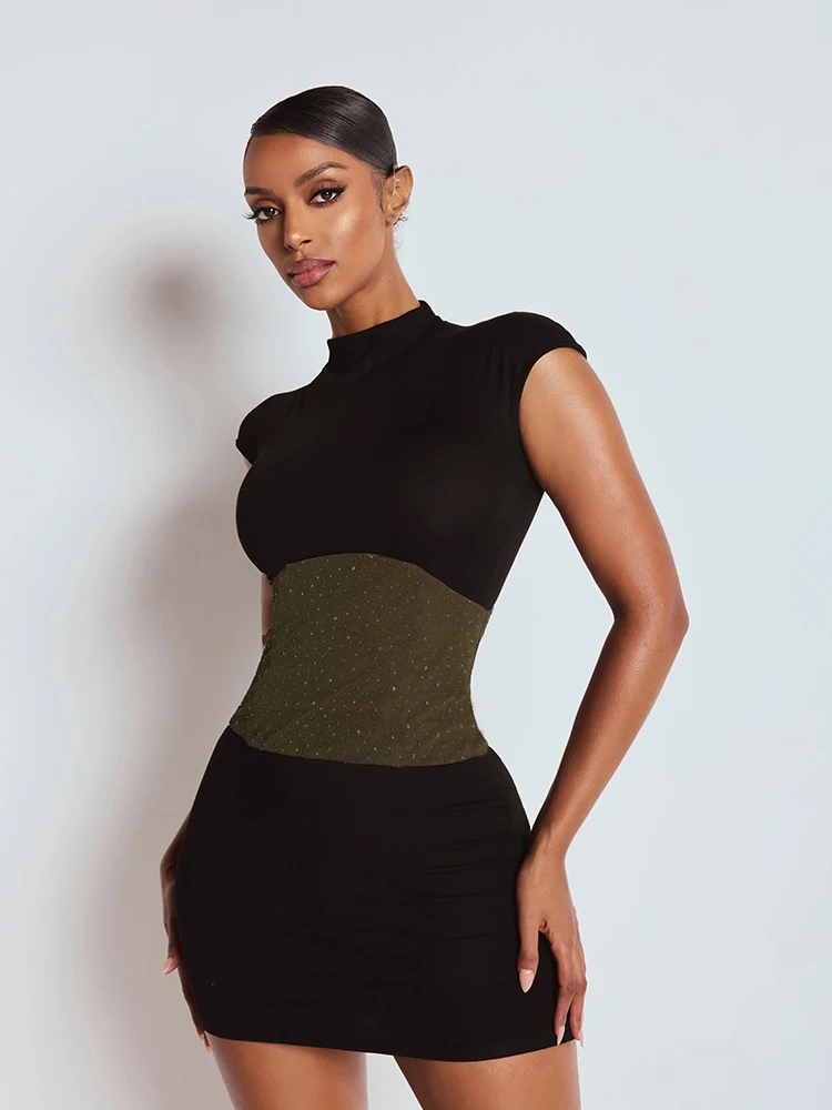 니버 복숭아 엉덩이 원피스 여성 패치 워크 스퀸 섹시 민소매 타이트한 자정 파티 클럽웨어 여름 패션 스키니 미니 바디 콘