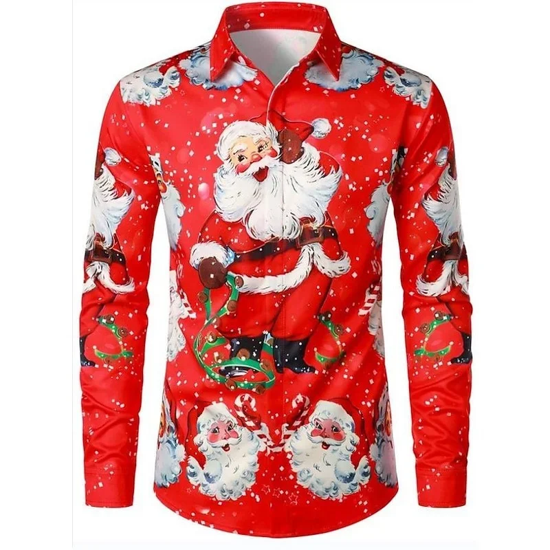 

Men's New Fun Christmas Themed 3D Printed Shirt Long Sleeve Lapel Multicolor Hawaiian Beach Shirt Suitable for Party Clothes Men