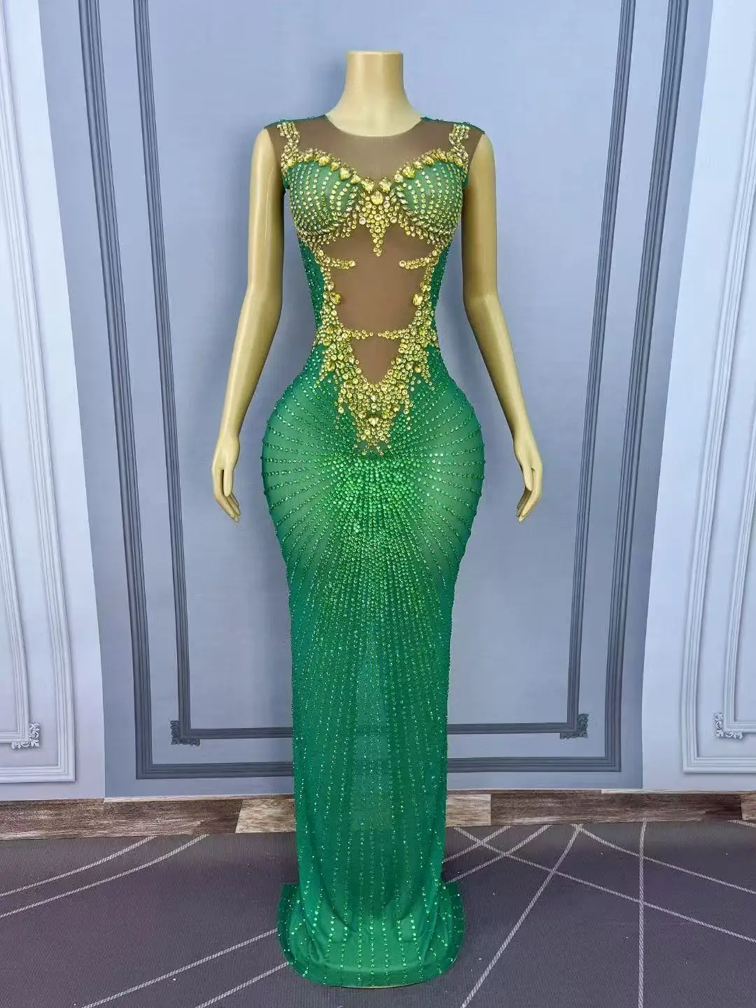 Sukienka damska seksowna, błyszcząca, z zielonymi cyrkoniami, bez rękawów, długa, na imprezę, urodziny, wieczór, sesję zdjęciową, występ sceniczny, kostium.