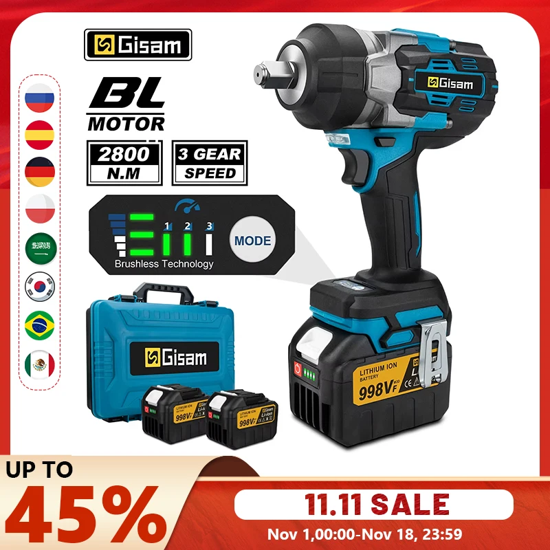 Gisam 2800N.M 토크 브러시리스 전기 임팩트 렌치 Makita 18V 배터리 핀용 1/2 인치 스크루 드라이버 무선 렌치 전동 공구