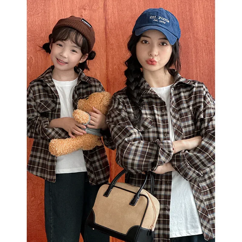 Equal Family Plaid Shirts Autumn Father Mother and Daughter Son Same Long Sleeve Tops Korean Vintage Parent-child Jacket Coat