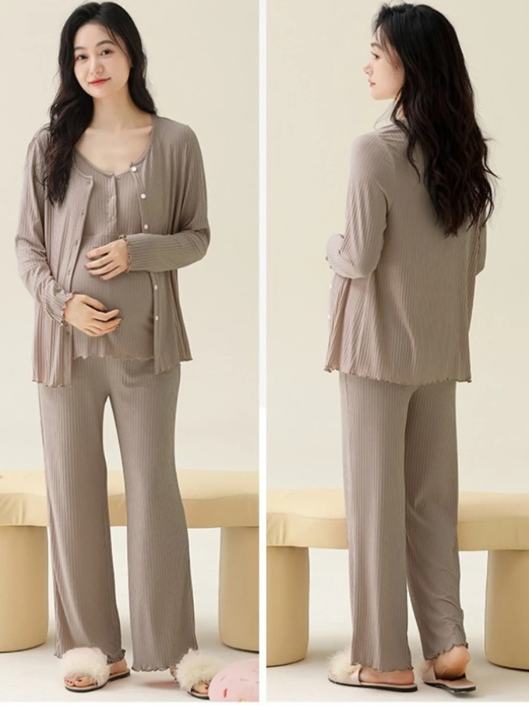 Modal Maternity Nursing Robe Set 3 Piece Postpartum Breastfeeding Pajamas with Chest Pads Hospital Labor Delivery Pregnancy Pjs