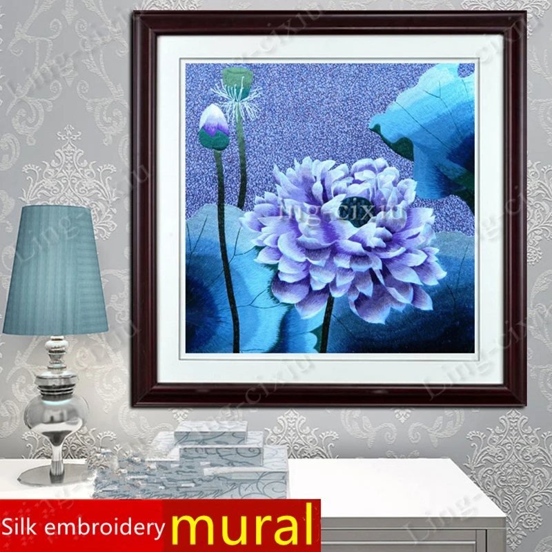 

Mural Chinese handmade embroidery lotus living room bedroom tea restaurant porch interior decoration gift painting SP0114