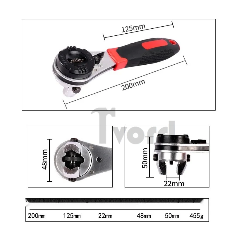 Multi-functional Adjustable 6-22mm Universal Ratchet Wrench  Chrome Molybdenum Steel Straight Handle