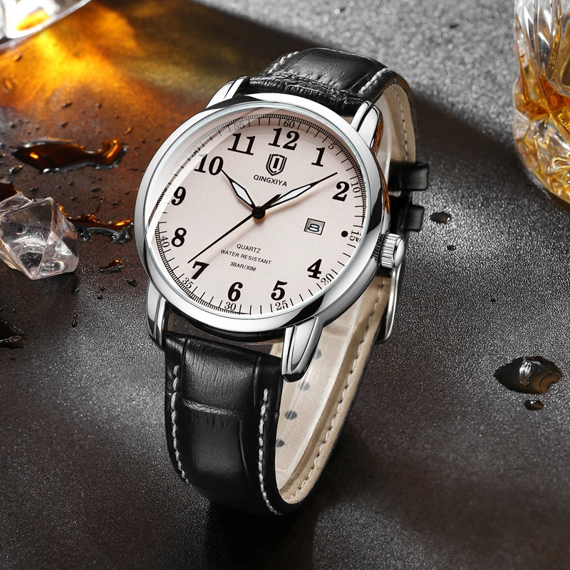 QINGXIYA Brand Men\'s Retro Yellowish White Surface Quartz Watches Leather Band Waterproof Wristwatch Casual Business Male Clock