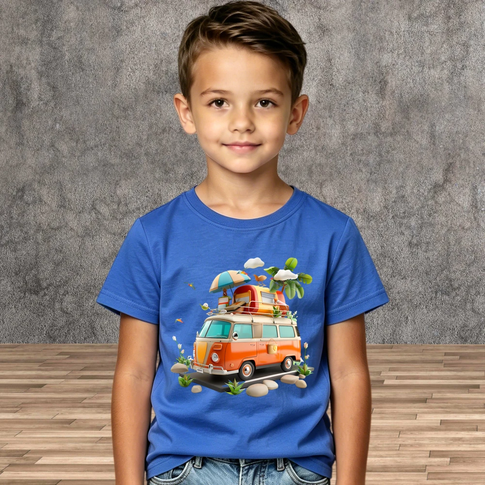 Travel Wear Boys Car Theme Tops Pure Cotton Children Summer Short Sleeve Tees