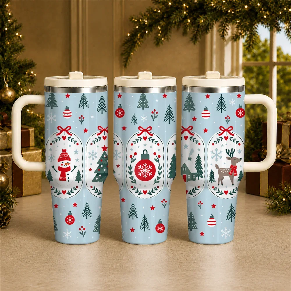 Minimal Nordic Christmas Vacuum Flasks 40oz Stainless Steel Insulated Tumbler with Handle & Straw Lid, Leakproof Travel Cup