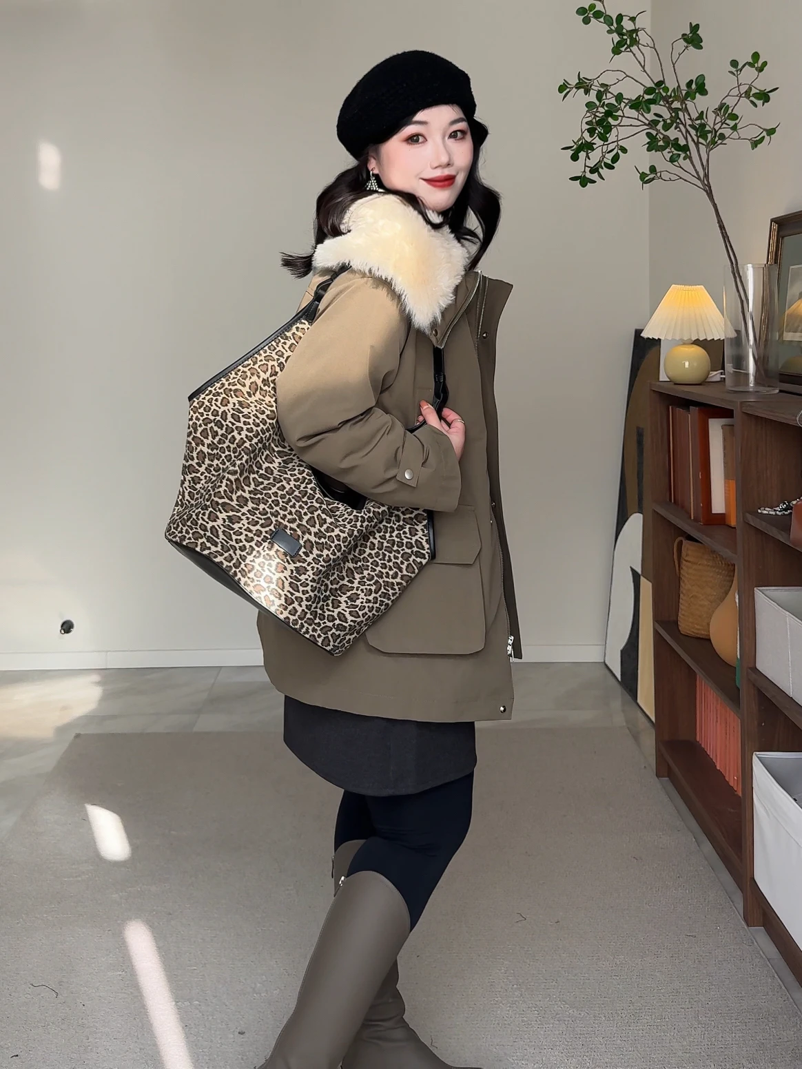 

Warmth Women's Quilted Jaet Lamb Fur Splicing Military een Outerwear Korean Sle Du down Coat Ladies Mid-Length