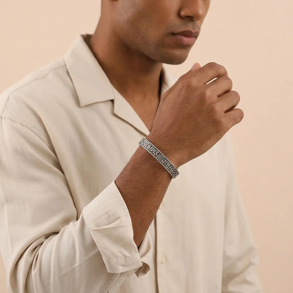 Vintage Antique Silver Viking Rune Open Cuff Bracelet Men Norse Celtic Knot Engraved Bangle Jewelry