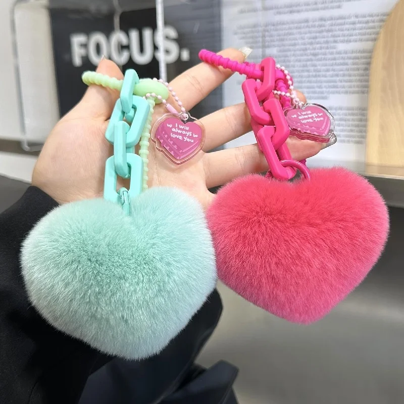 Heart Shaped Natural Fur Ball Keychain Soft Plush Bag Pendant Charm for Women Girls Creative Valentines Day Gift Key Chain