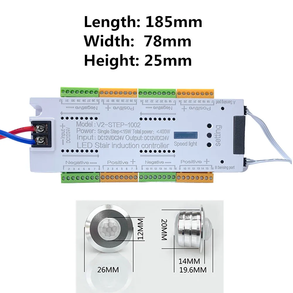 Kontroler oświetlenia schodowego z czujnikiem PIR Magiczny kolor schodowy Światło niskonapięciowe LED z 32 kanałami kontrolera 12 V-24 V