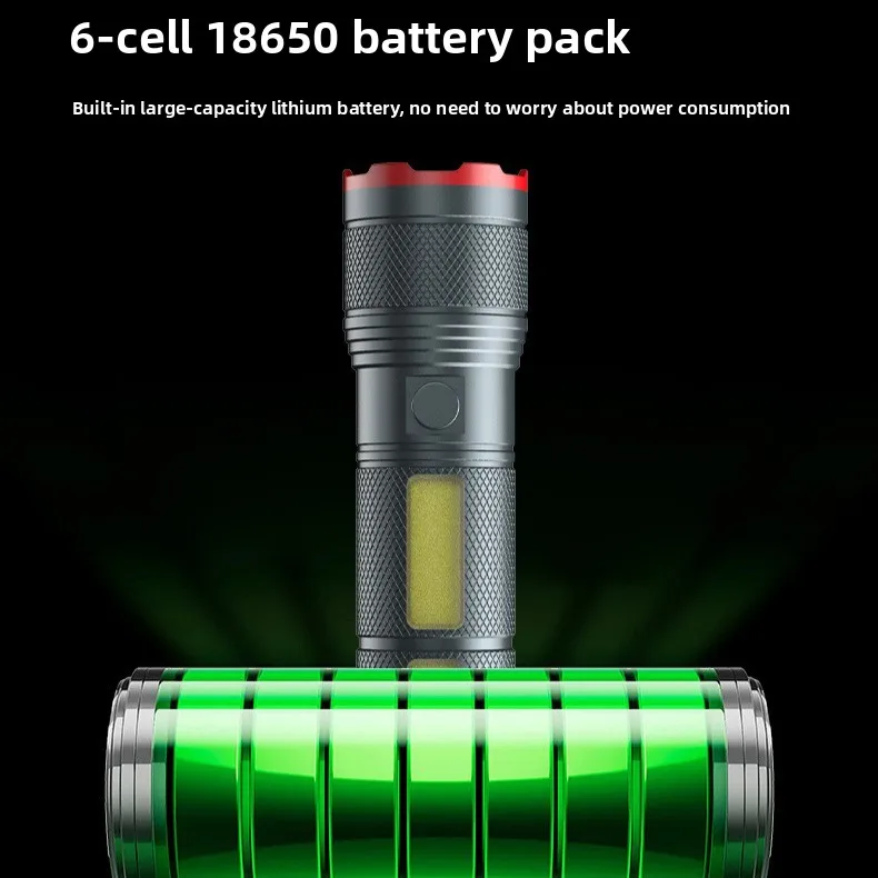 Latarka o pojemności 7200 mAh z mocnym światłem, bocznym światłem COB, do użytku na zewnątrz, na kempingu, do pracy, wykonana ze stopu aluminium, z zoomem, kolorowym wyświetlaczem cyfrowym.