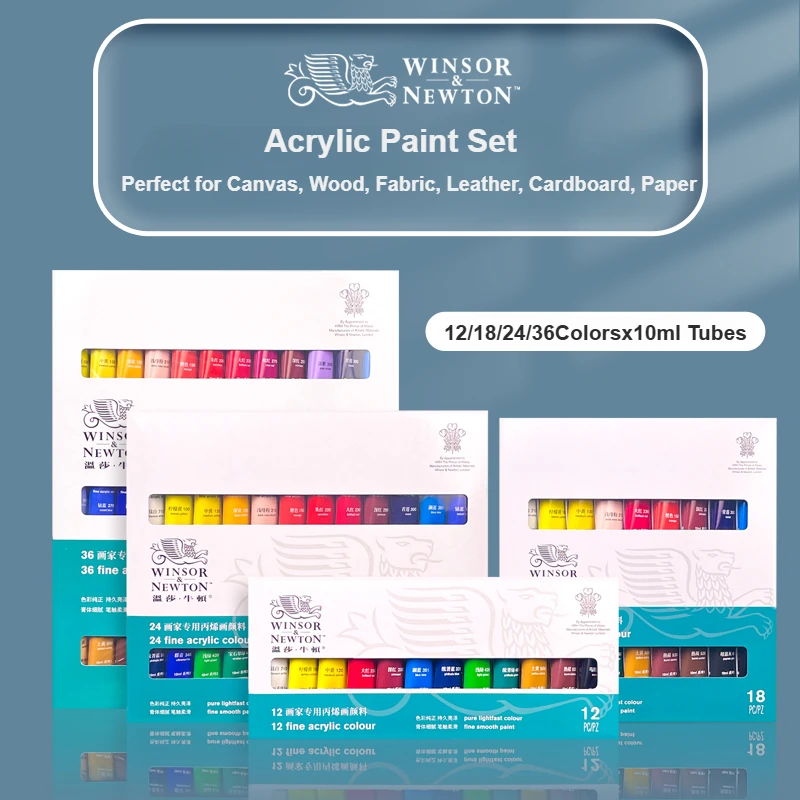 WINSOR＆NEWTON Acrylic Paint Set 12/18/24/36 Colors x10ml, Perfect for Canvas, Wood, Fabric, Leather, Cardboard, Paper Academy