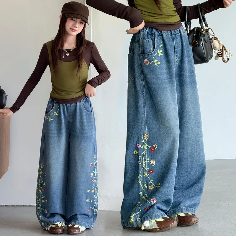 Autumn Girl Retro Straight Jeans with Side Flower Embroidery Kids Wide Leg Denim Pants Children Casual Streetwear Trousers 5-14Y