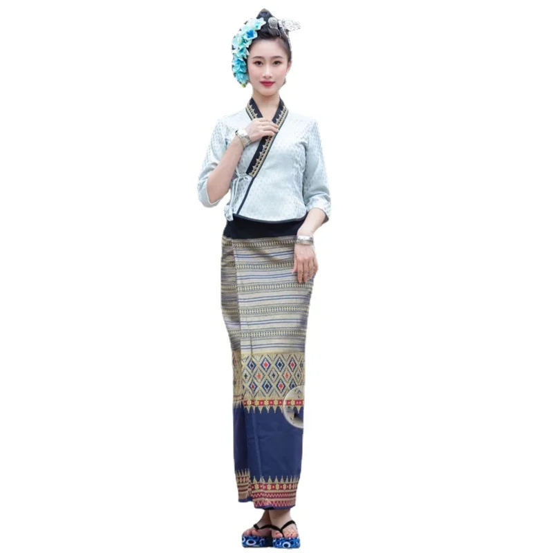 Thailand Traditional Clothing for Women Blouse Tops Pha Sin Skirt Thai Dress Restaurant Hotel Work Clothes Southease Asian Style