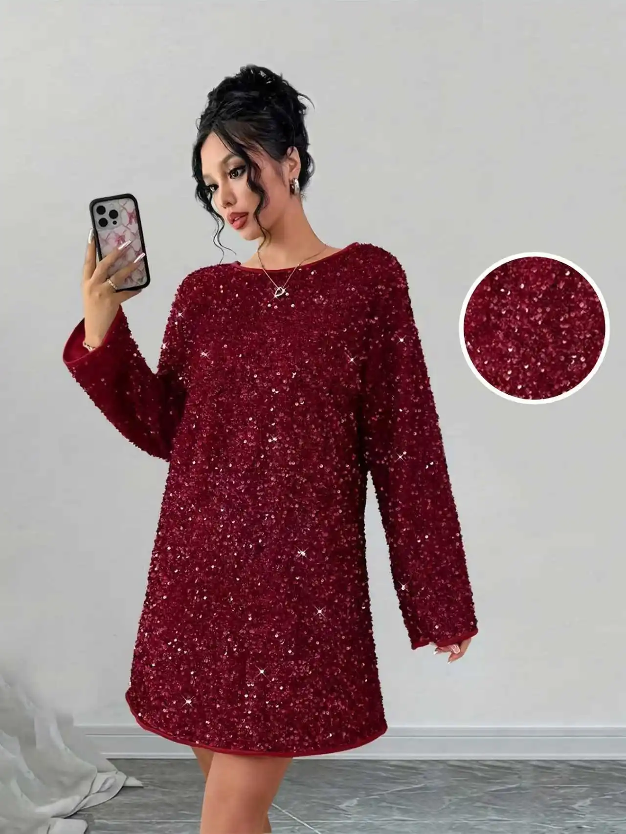 Spring and Autumn Heavy-Duty Sequined Long-Sleeved Dress, Round Neck, Loose Fit, Perfect for Parties, Stages, and Evening Glamou