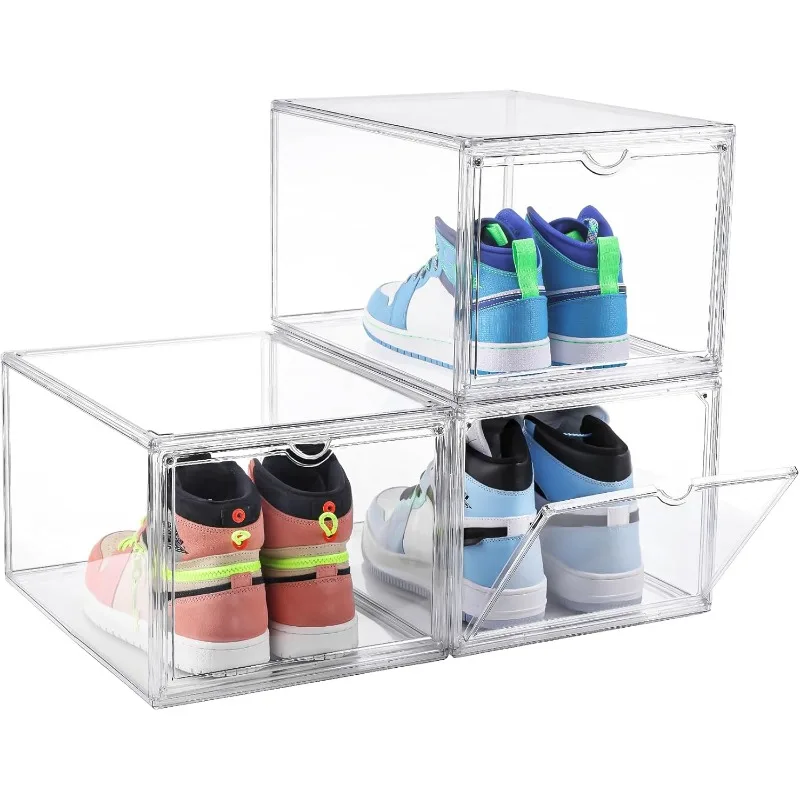 

US Size 14 Clear Shoe Box Storage Containers,Set of 3, XX-Large Drop Front Shoe Box with Magnetic Door, Shoe