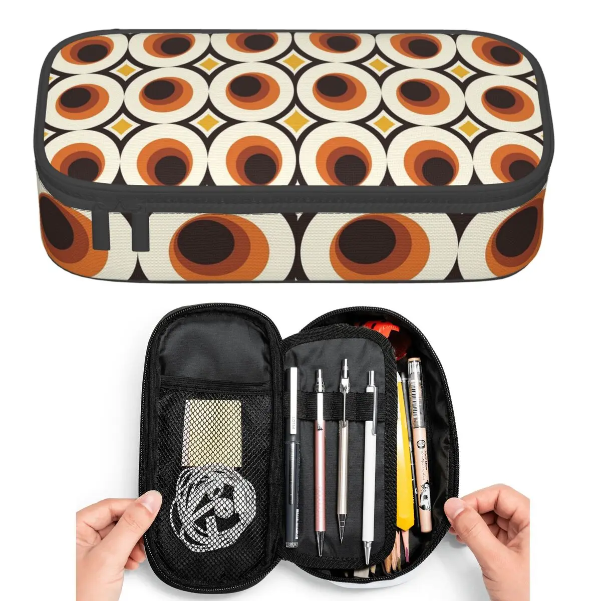 1970s Orange Mid-Century Modern Circle 1 Pencil Cases for Student Pen Box Pencil Bag Large Storage Pencil Pouch Pen Holder
