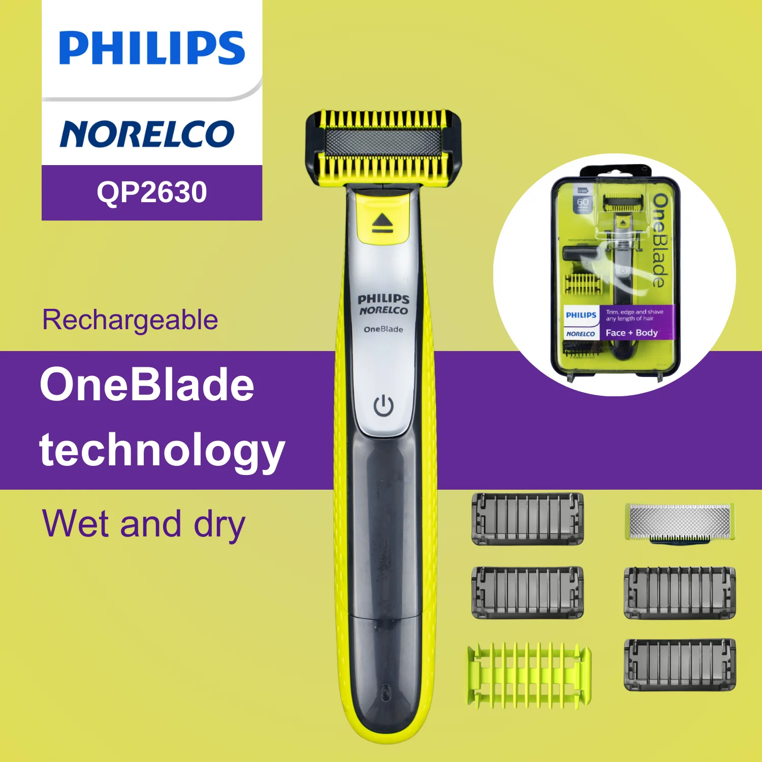 Philips Norelco One Blade QP2630, Wet/Dry with 6 Trimmers, with 2 Heads, Rechargeable, Up to 60 Minutes of Use