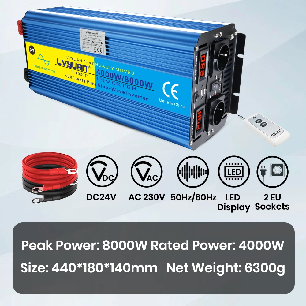 EU Socket Zuivere Sinus Omvormer 5000 W/6000 W/7000 W/8000 W DC 12 V 24 V Naar AC 220 V 50 HZ Omvormer Oplader Converter Adapter