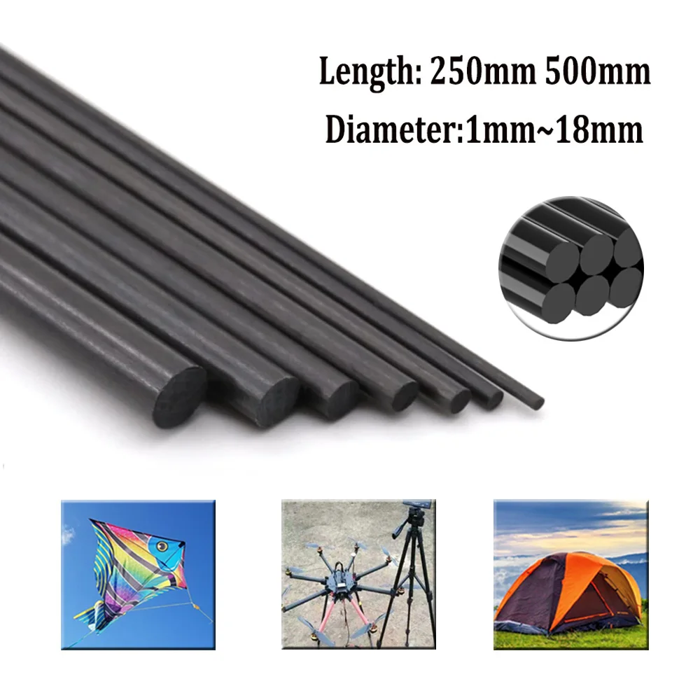 Tige de renfort solide en Fiber de carbone, 1 à 10 pièces, 18mm 14mm 12mm 8mm 3mm, haute résistance, légère pour bricolage, longueur 250mm 500mm