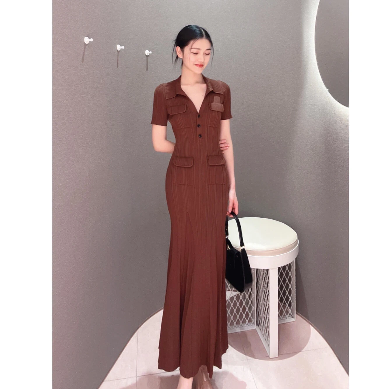 Office Lady Short Sleeve Knitted Dress for Women Casual Four Pocket Solid Dresses Summer 2023 Vintage High Waist Slim Vestidos