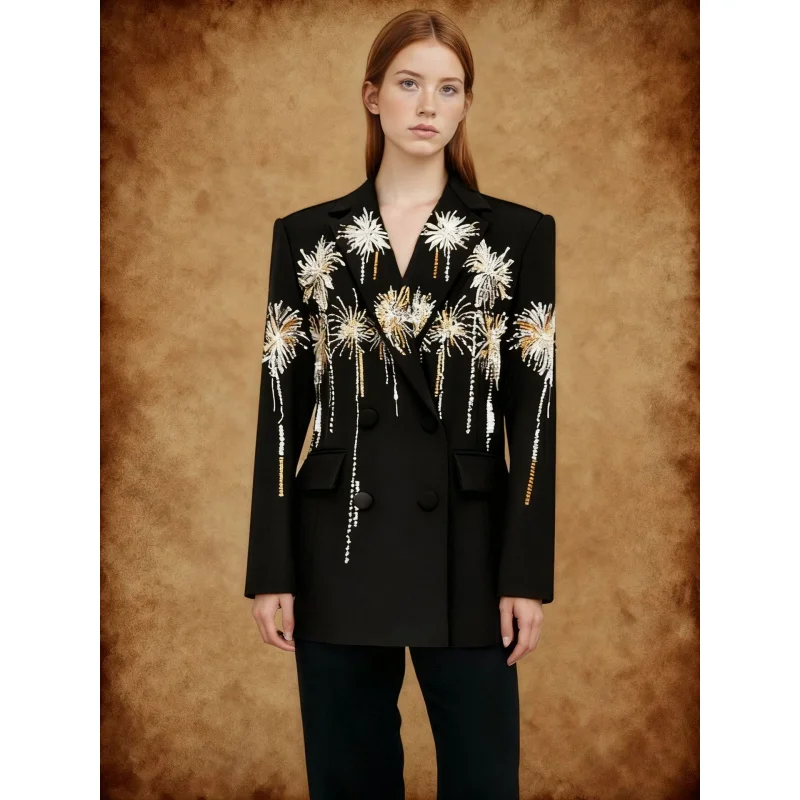 Elegante Retro Gold Stickerei Schwarz Blazer2025Herbst Neue frauen Langarm Jacke Bühne Leistung Kostüm
