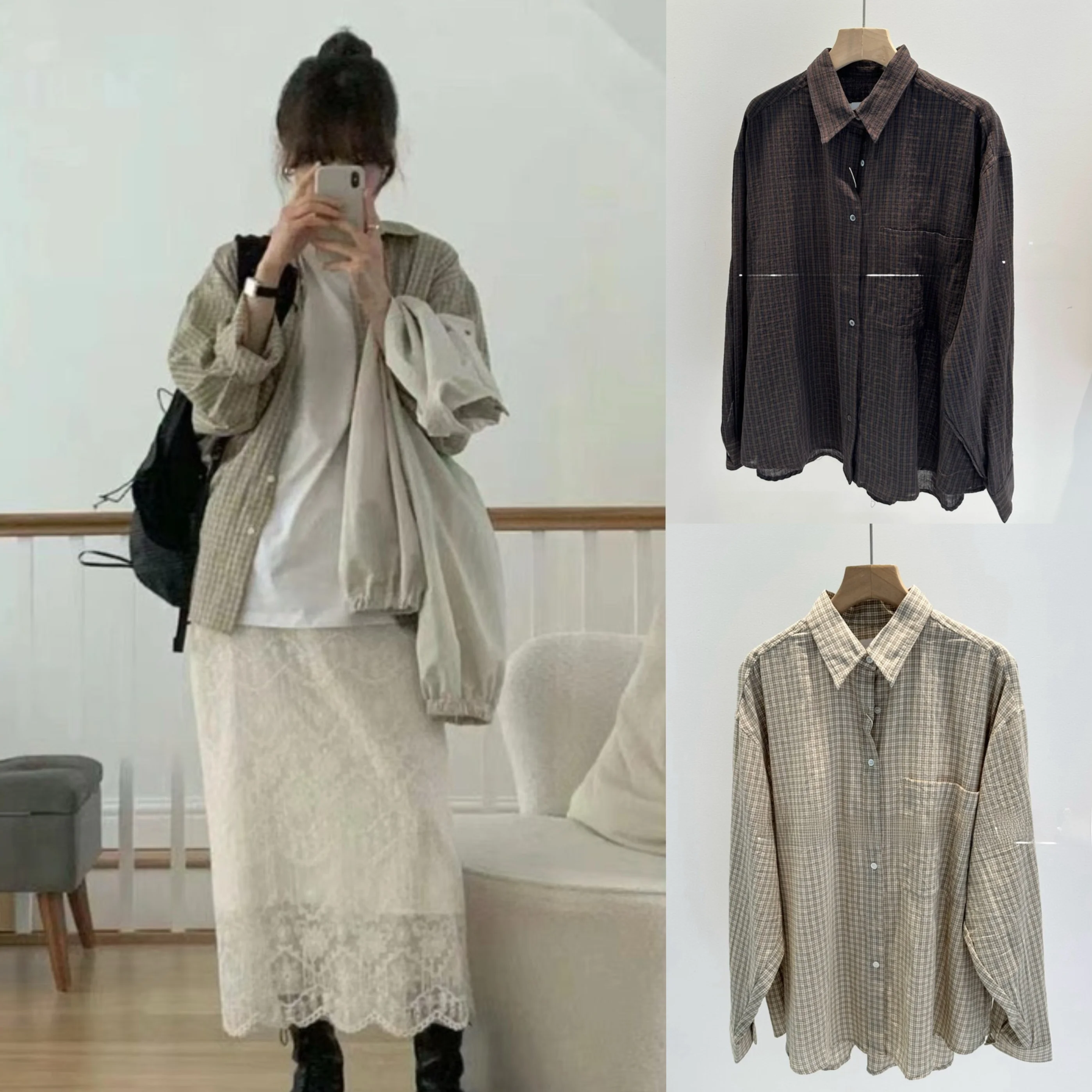 

Loose Long Sve Basic Plaid irt Korean Sle Casual Faion Women's Cotton Pure Fabric irt Comfortable Breathable