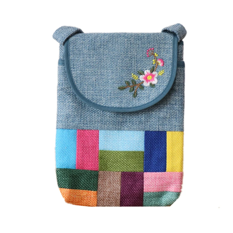 Exquisite Embroidered Cotton Linen Crossbody Phone Bag Portable Casual Small Shoulder Bag Korean Style Folk Art Gift Bag